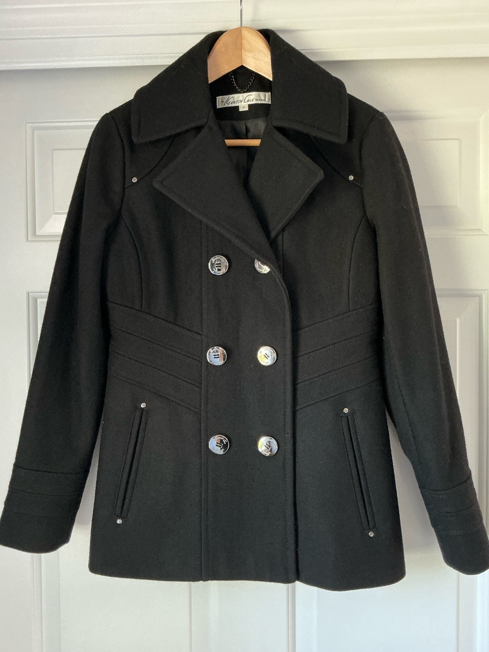 Kenneth Cole Women’s Black Wool Blend Double-Breasted Peacoat 4